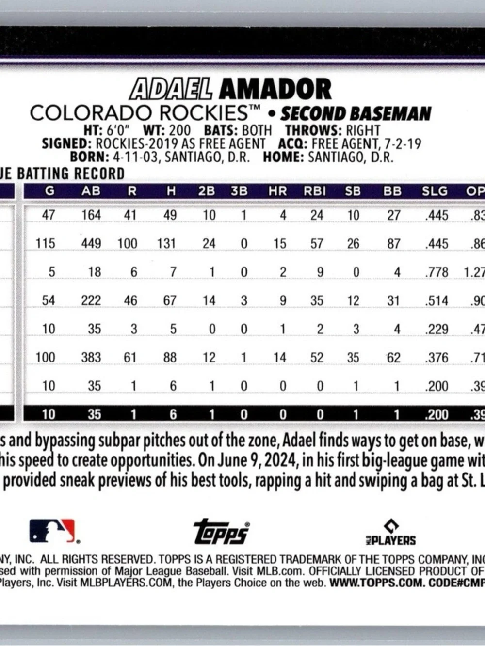 Topps RC ADAEL AMADOR Colorado Rockies Baseball Card - Purple Jersey - Picture 2 of 2